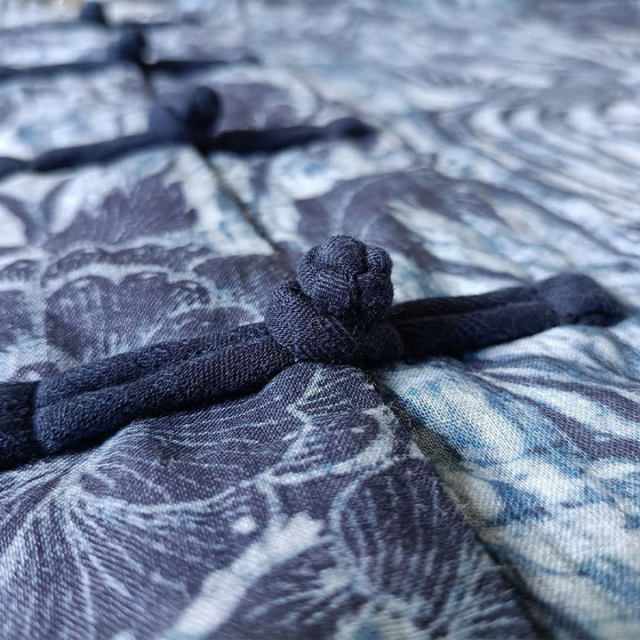 Buddha Stones Retro Niebieskie Białe Kwiaty Żaba-Guzik Projekt Długi Rękaw Kurtka Lniana Ramia Koszula - image 9