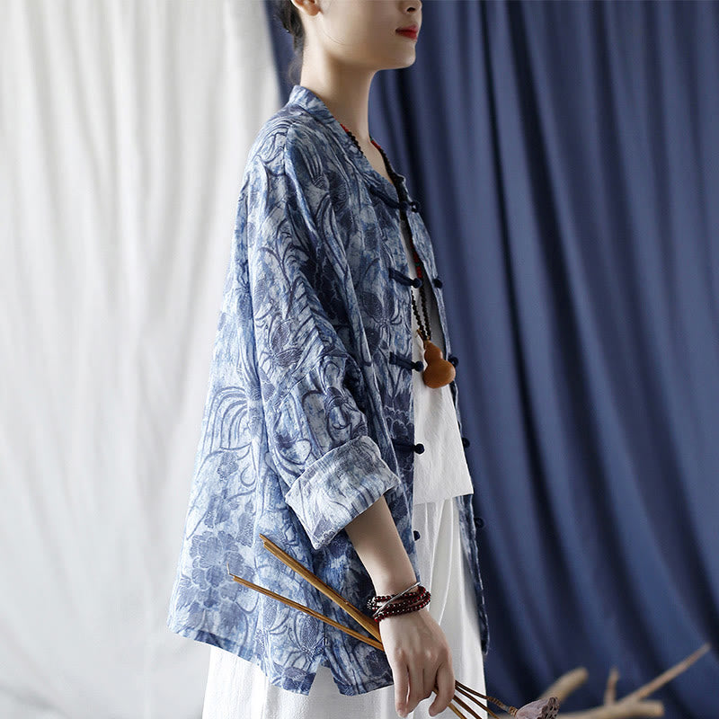 Buddha Stones Retro Niebieskie Białe Kwiaty Żaba-Guzik Projekt Długi Rękaw Kurtka Lniana Ramia Koszula - image 2