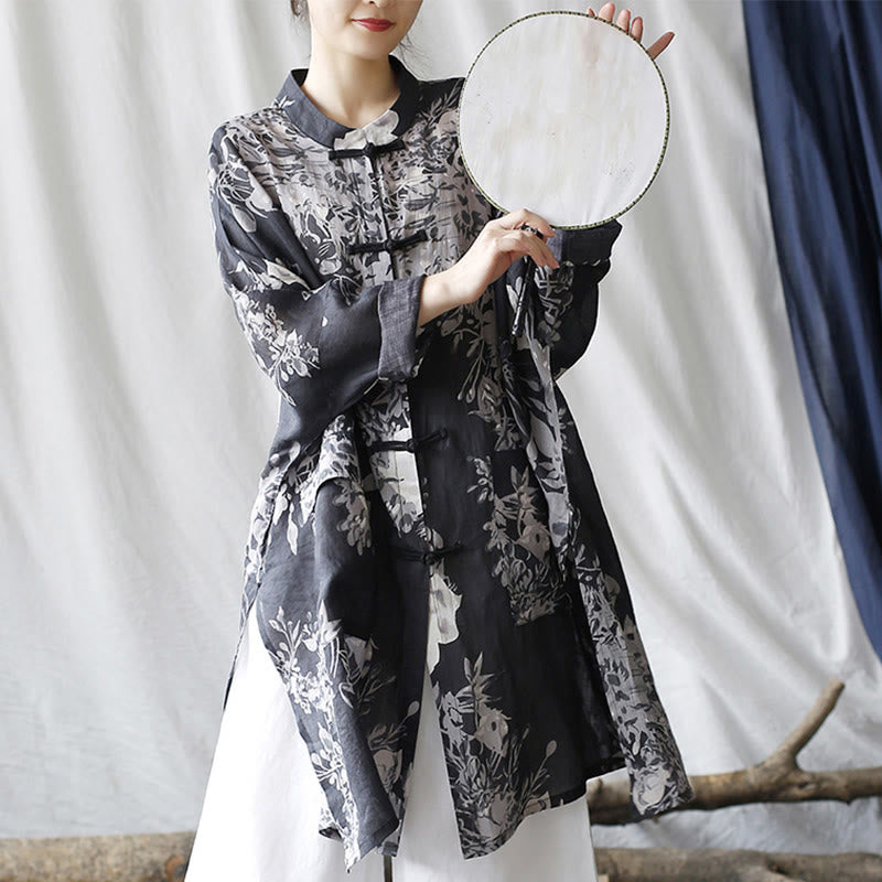 Buddha Stones Niebieskie Białe Kwiaty Żaba-Guzik Długi Rękaw Lniana Kurtka Koszula Z Kieszeniami - image 8