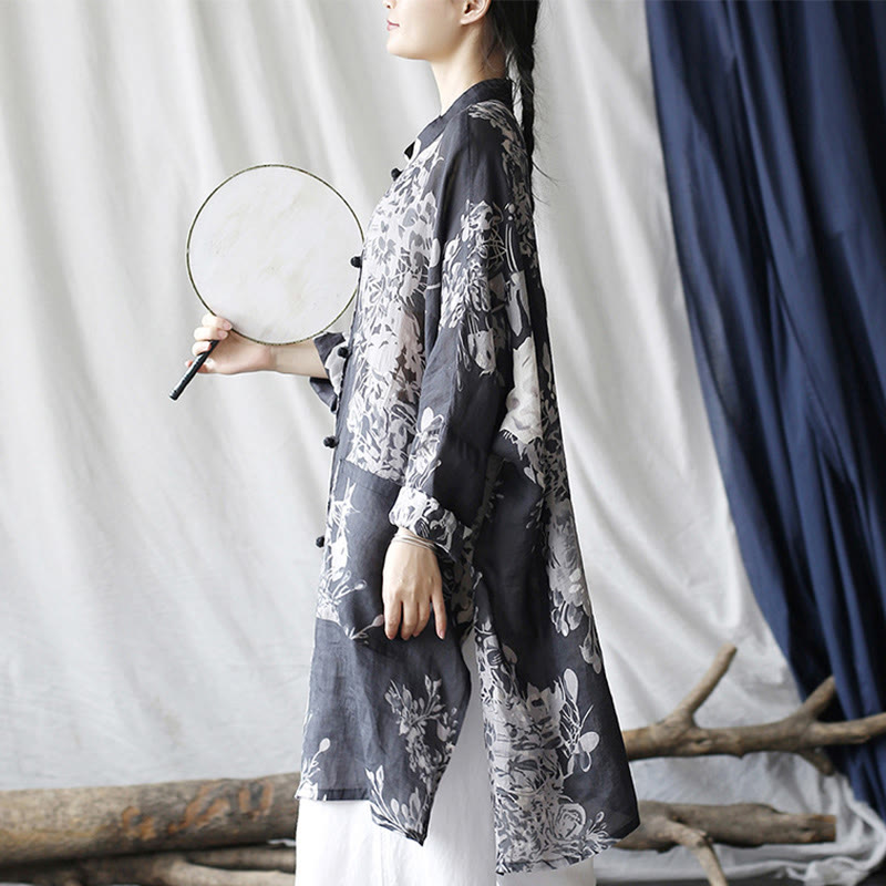 Buddha Stones Niebieskie Białe Kwiaty Żaba-Guzik Długi Rękaw Lniana Kurtka Koszula Z Kieszeniami - image 6