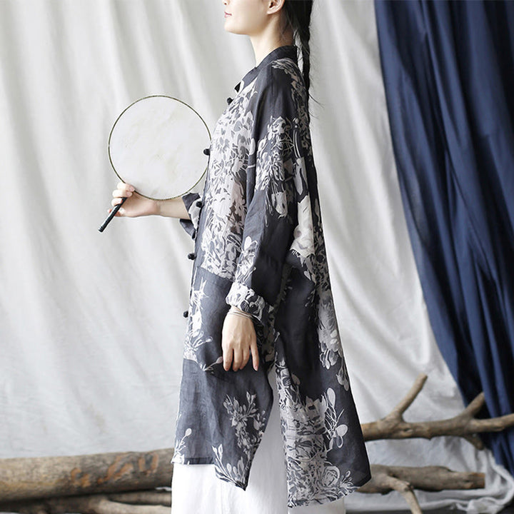 Buddha Stones Niebieskie Białe Kwiaty Żaba-Guzik Długi Rękaw Lniana Kurtka Koszula Z Kieszeniami - image 6