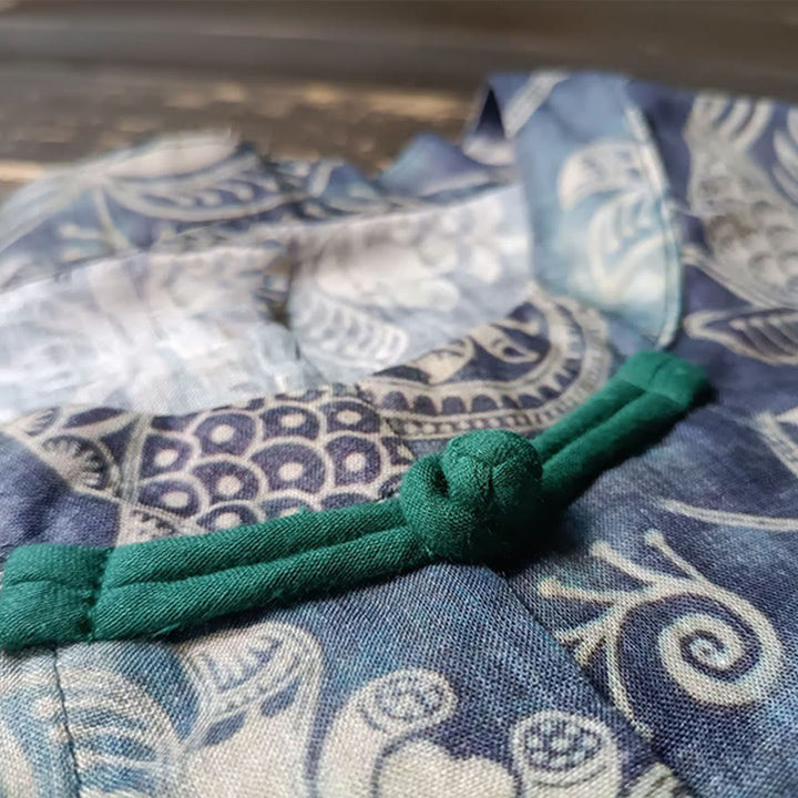 Buddha Stones Ptaki Kwiaty Geometria Żaba-Guzik Długi Rękaw Lniana Kurtka Koszula