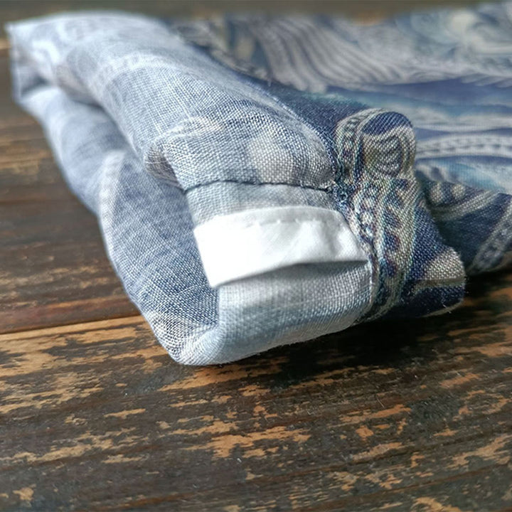 Buddha Stones Ptaki Kwiaty Geometria Żaba-Guzik Długi Rękaw Lniana Kurtka Koszula