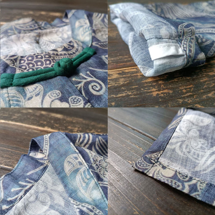 Buddha Stones Ptaki Kwiaty Geometria Żaba-Guzik Długi Rękaw Lniana Kurtka Koszula