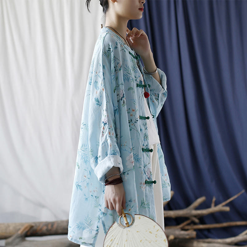 Buddha Stones Jasnozielone Różowe Kwiaty Zielone Liście Żabka-Guzik Długi Rękaw Lniana Kurtka Koszula - image 5