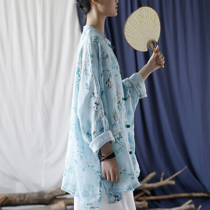 Buddha Stones Jasnozielone Różowe Kwiaty Zielone Liście Żabka-Guzik Długi Rękaw Lniana Kurtka Koszula - image 2