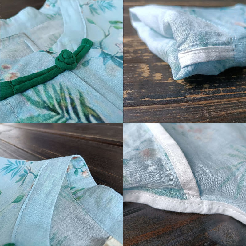 Buddha Stones Jasnozielone Różowe Kwiaty Zielone Liście Żabka-Guzik Długi Rękaw Lniana Kurtka Koszula - image 9