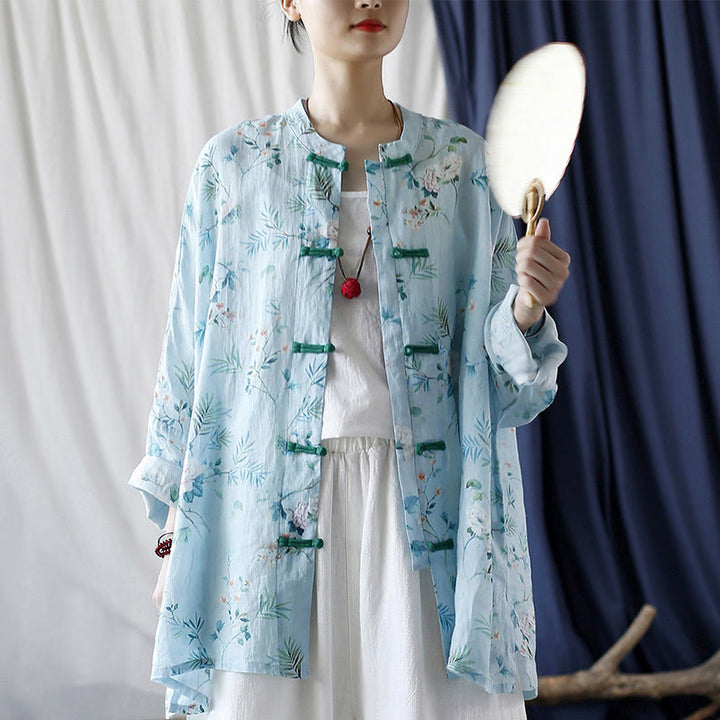 Buddha Stones Jasnozielone Różowe Kwiaty Zielone Liście Żabka-Guzik Długi Rękaw Lniana Kurtka Koszula - image 26