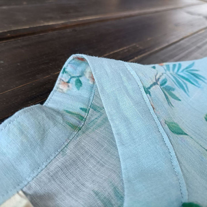 Buddha Stones Jasnozielone Różowe Kwiaty Zielone Liście Żabka-Guzik Długi Rękaw Lniana Kurtka Koszula - image 11