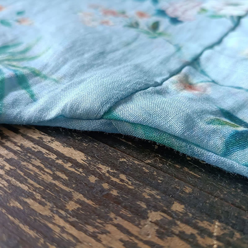 Buddha Stones Jasnozielone Różowe Kwiaty Zielone Liście Żabka-Guzik Długi Rękaw Lniana Kurtka Koszula - image 12