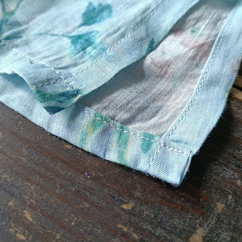 Buddha Stones Jasnozielone Różowe Kwiaty Zielone Liście Żabka-Guzik Długi Rękaw Lniana Kurtka Koszula - image 15