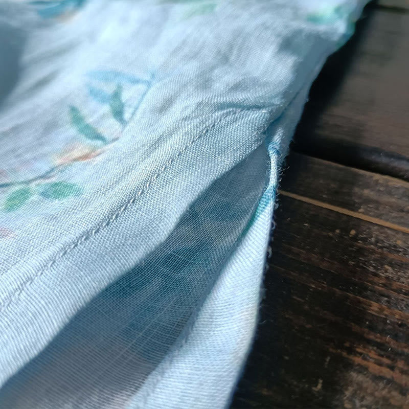 Buddha Stones Jasnozielone Różowe Kwiaty Zielone Liście Żabka-Guzik Długi Rękaw Lniana Kurtka Koszula - image 14