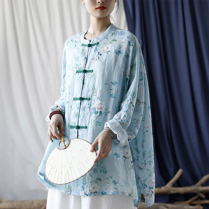 Buddha Stones Jasnozielone Różowe Kwiaty Zielone Liście Żabka-Guzik Długi Rękaw Lniana Kurtka Koszula - image 29