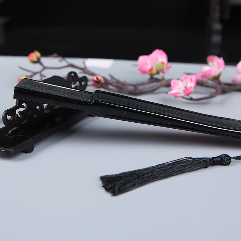 Buddha Stones Wiśnia Sakura Kamelia Ręczny Jedwabny Bambusowy Składany Wachlarz 21 cm