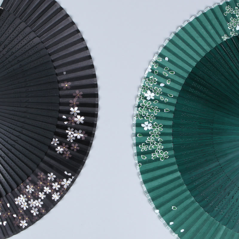 Buddha Stones Wiśnia Sakura Kamelia Ręczny Jedwabny Bambusowy Składany Wachlarz 21 cm