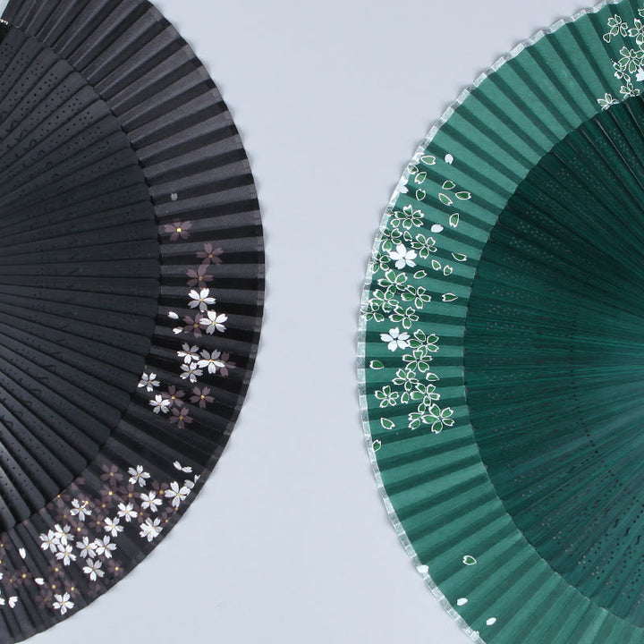 Buddha Stones Wiśnia Sakura Kamelia Ręczny Jedwabny Bambusowy Składany Wachlarz 21 cm