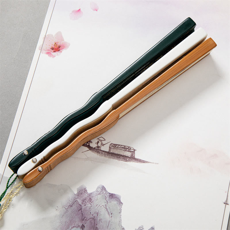 Buddha Stones Latający Biały Żuraw Słońce Chmura Ręczny Jedwabny Bambus Składany Wachlarz 22 cm