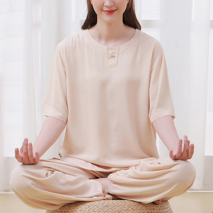 Buddha Stones 2 szt. Koszulka z krótkim rękawem Spodnie Medytacja Zen Tai Chi Bawełna Lniana Odzież Unisex Zestaw