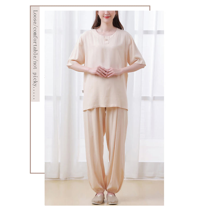 Buddha Stones 2 szt. Koszulka z krótkim rękawem Spodnie Medytacja Zen Tai Chi Bawełna Lniana Odzież Unisex Zestaw