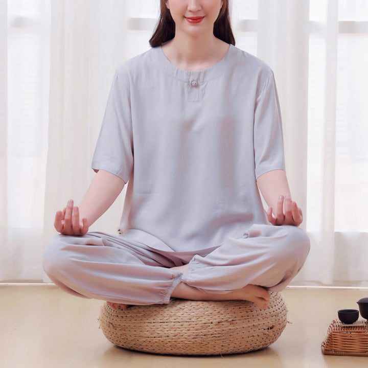 Buddha Stones 2 szt. Koszulka z krótkim rękawem Spodnie Medytacja Zen Tai Chi Bawełna Lniana Odzież Unisex Zestaw