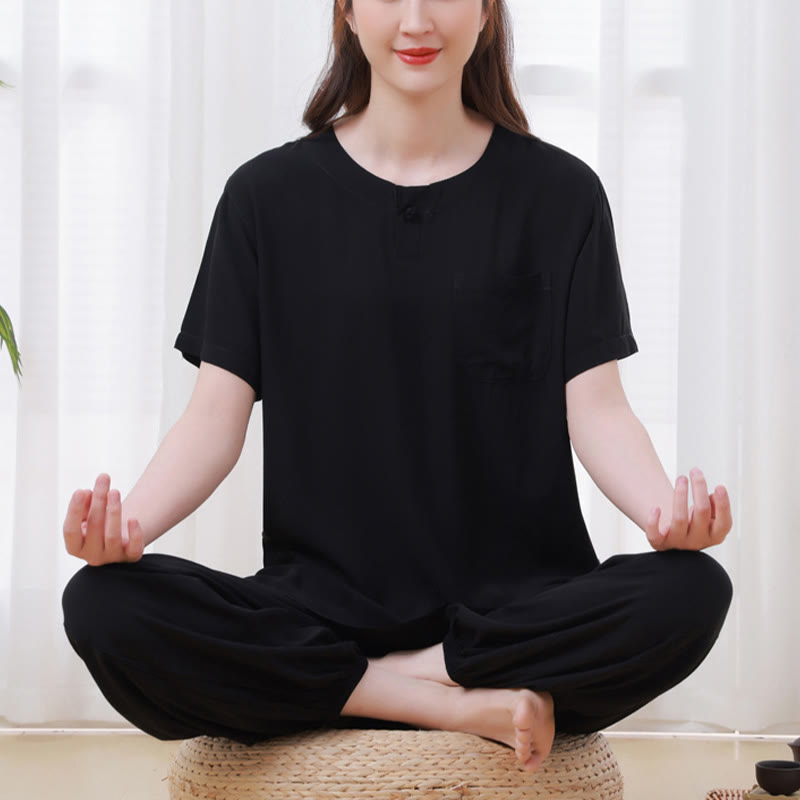 Buddha Stones 2 szt. Koszulka z krótkim rękawem Spodnie Medytacja Zen Tai Chi Bawełna Lniana Odzież Unisex Zestaw