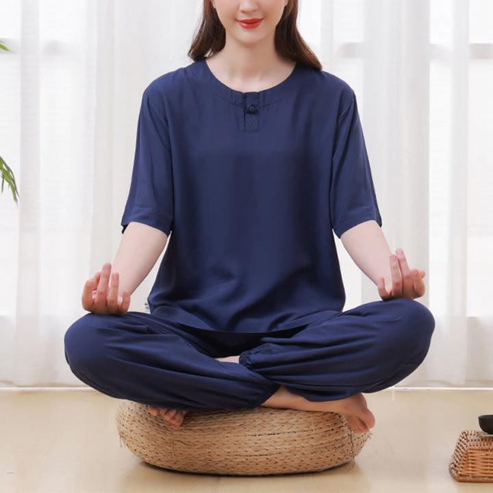 Buddha Stones 2 szt. Koszulka z krótkim rękawem Spodnie Medytacja Zen Tai Chi Bawełna Lniana Odzież Unisex Zestaw