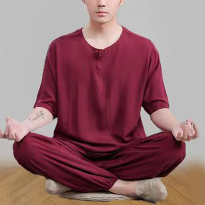 Buddha Stones 2 szt. Koszulka z krótkim rękawem Spodnie Medytacja Zen Tai Chi Bawełna Lniana Odzież Unisex Zestaw