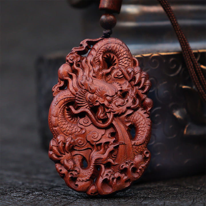 Buddha Stones Uderzony Piorunem Jujube Drewno Podwójny Smok Relief Odpędzający Złe Duchy Naszyjnik Wisiorek