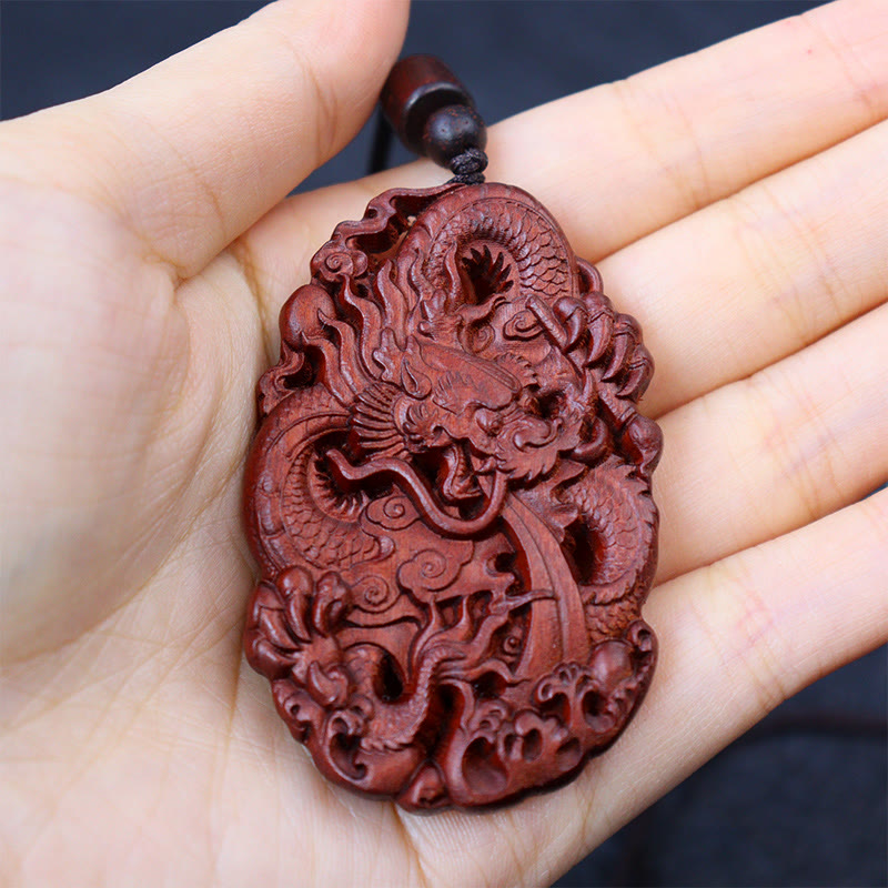 Buddha Stones Uderzony Piorunem Jujube Drewno Podwójny Smok Relief Odpędzający Złe Duchy Naszyjnik Wisiorek