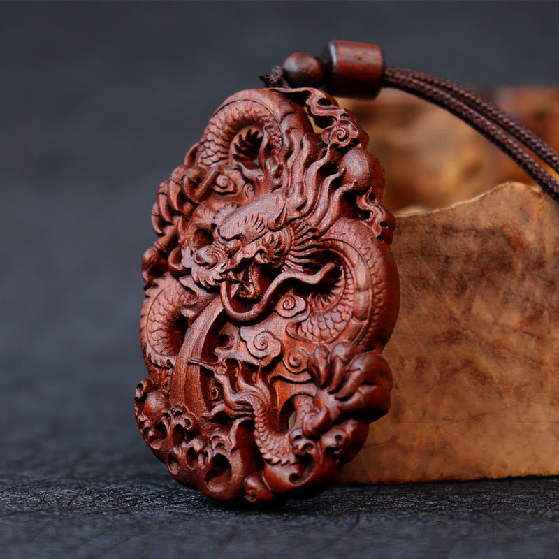 Buddha Stones Uderzony Piorunem Jujube Drewno Podwójny Smok Relief Odpędzający Złe Duchy Naszyjnik Wisiorek