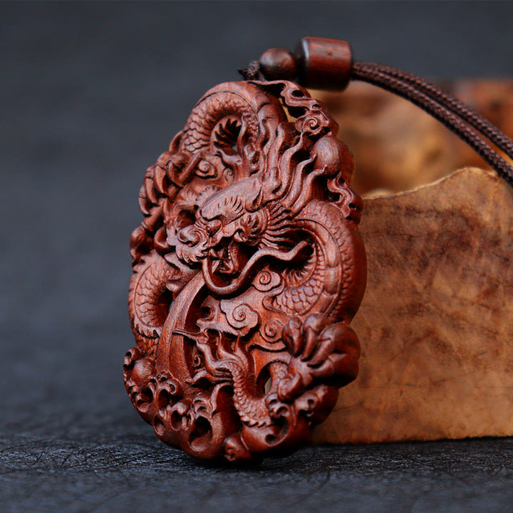 Buddha Stones Uderzony Piorunem Jujube Drewno Podwójny Smok Relief Odpędzający Złe Duchy Naszyjnik Wisiorek