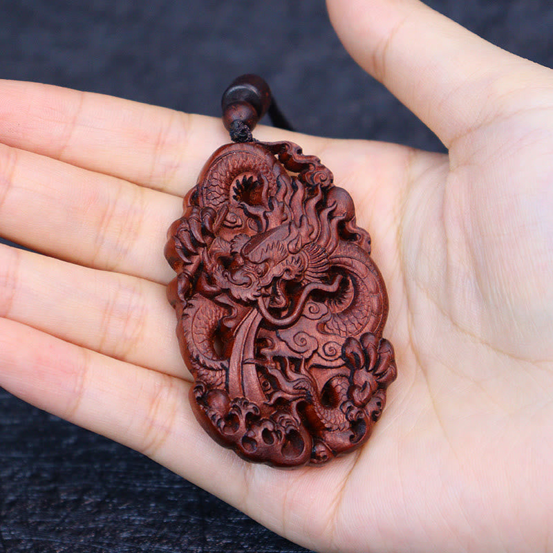 Buddha Stones Uderzony Piorunem Jujube Drewno Podwójny Smok Relief Odpędzający Złe Duchy Naszyjnik Wisiorek
