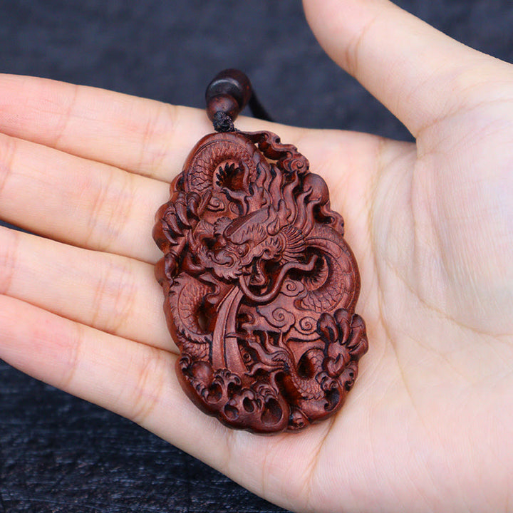 Buddha Stones Uderzony Piorunem Jujube Drewno Podwójny Smok Relief Odpędzający Złe Duchy Naszyjnik Wisiorek