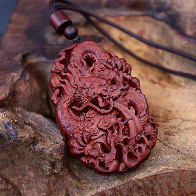 Buddha Stones Uderzony Piorunem Jujube Drewno Podwójny Smok Relief Odpędzający Złe Duchy Naszyjnik Wisiorek
