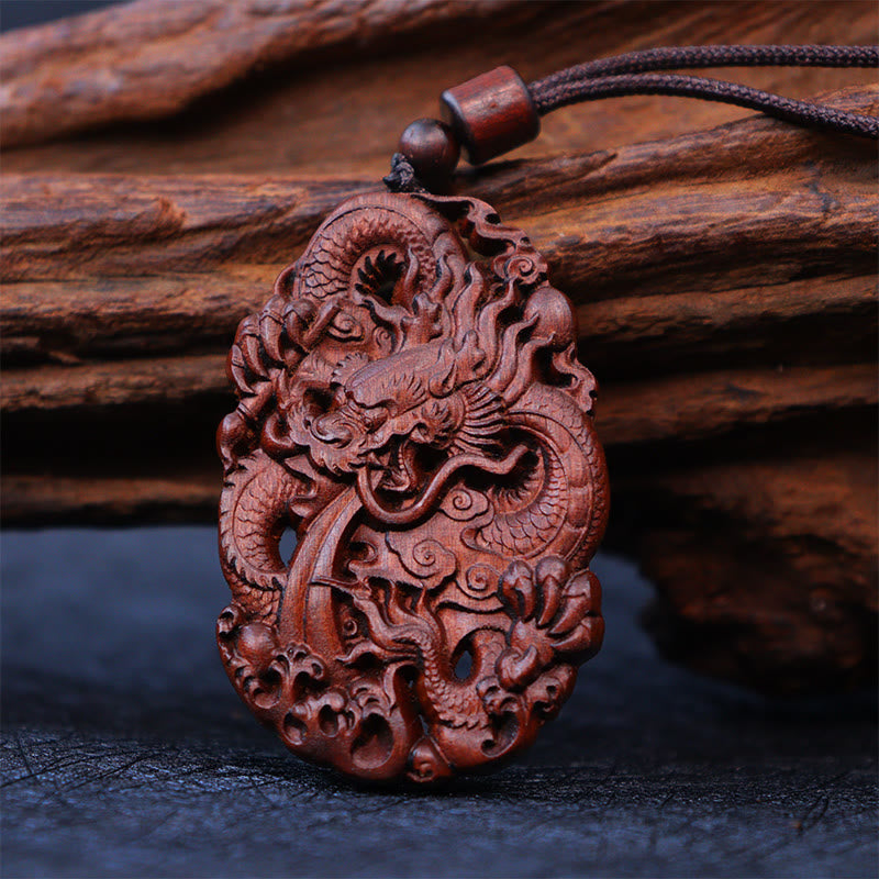 Buddha Stones Uderzony Piorunem Jujube Drewno Podwójny Smok Relief Odpędzający Złe Duchy Naszyjnik Wisiorek