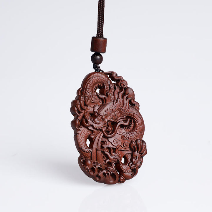 Buddha Stones Uderzony Piorunem Jujube Drewno Podwójny Smok Relief Odpędzający Złe Duchy Naszyjnik Wisiorek
