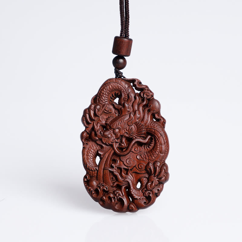 Buddha Stones Uderzony Piorunem Jujube Drewno Podwójny Smok Relief Odpędzający Złe Duchy Naszyjnik Wisiorek