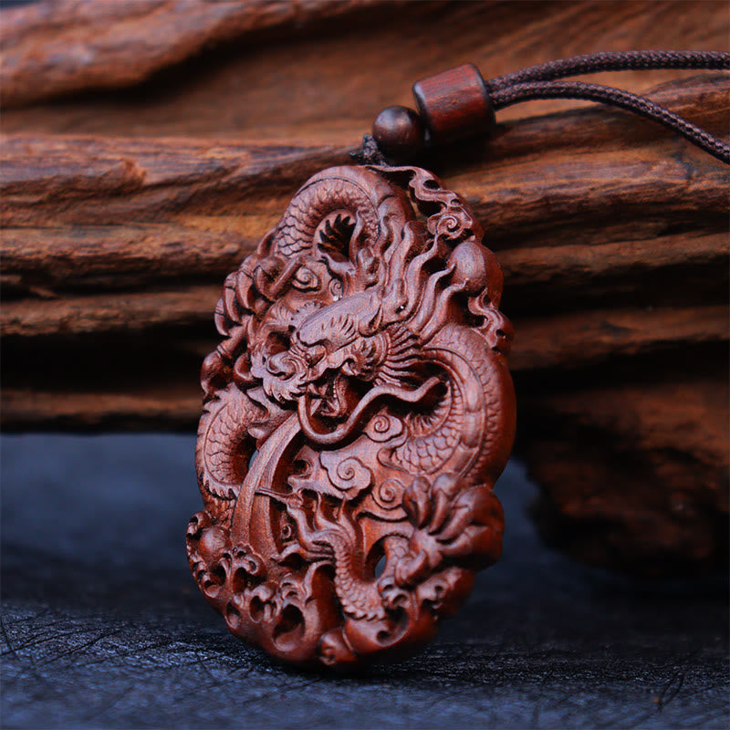Buddha Stones Uderzony Piorunem Jujube Drewno Podwójny Smok Relief Odpędzający Złe Duchy Naszyjnik Wisiorek