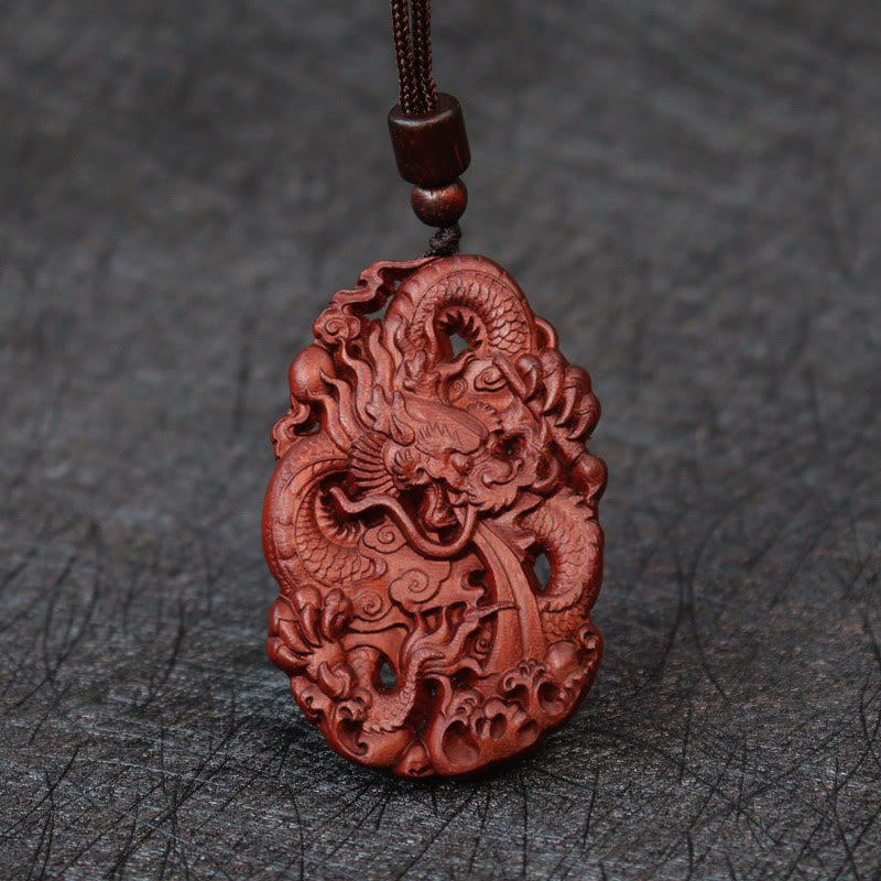 Buddha Stones Uderzony Piorunem Jujube Drewno Podwójny Smok Relief Odpędzający Złe Duchy Naszyjnik Wisiorek