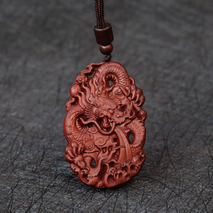 Buddha Stones Uderzony Piorunem Jujube Drewno Podwójny Smok Relief Odpędzający Złe Duchy Naszyjnik Wisiorek
