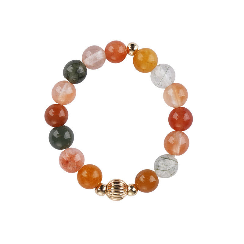 Buddha Stones 14k pozłacana miedź Fu Lu Shou kryształ brzoskwiniowy kamień księżycowy szczęście bogactwo pierścień