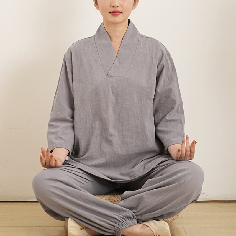 Buddha Stones 2 szt. dekolt w serek rękaw trzy czwarte koszula spodnie medytacja zen tai chi bawełna len odzież damska zestaw - Szary (top i spodnie) - US12, UK/AU16, EU44 (XL) - image 0