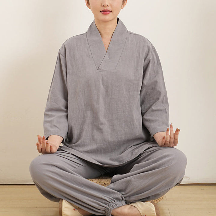 Buddha Stones 2 szt. dekolt w serek rękaw trzy czwarte koszula spodnie medytacja zen tai chi bawełna len odzież damska zestaw - Szary (top i spodnie) - US12, UK/AU16, EU44 (XL) - image 0