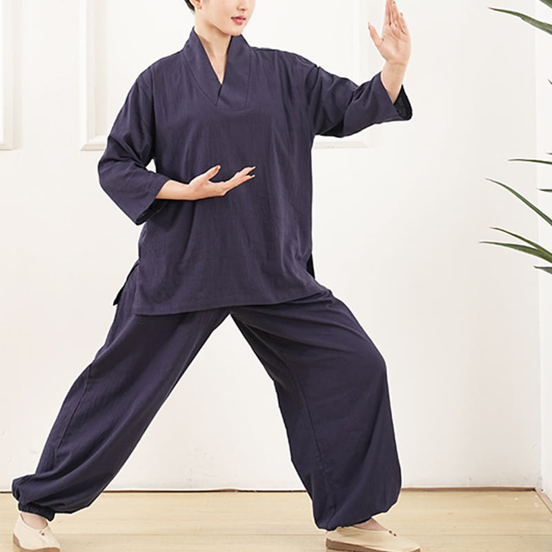 Buddha Stones 2 szt. dekolt w serek rękaw trzy czwarte koszula spodnie medytacja zen tai chi bawełna len odzież damska zestaw - image 8