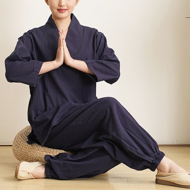 Buddha Stones 2 szt. dekolt w serek rękaw trzy czwarte koszula spodnie medytacja zen tai chi bawełna len odzież damska zestaw - image 12