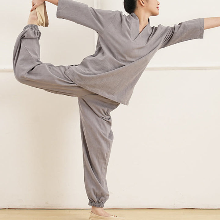 Buddha Stones 2 szt. dekolt w serek rękaw trzy czwarte koszula spodnie medytacja zen tai chi bawełna len odzież damska zestaw - image 2