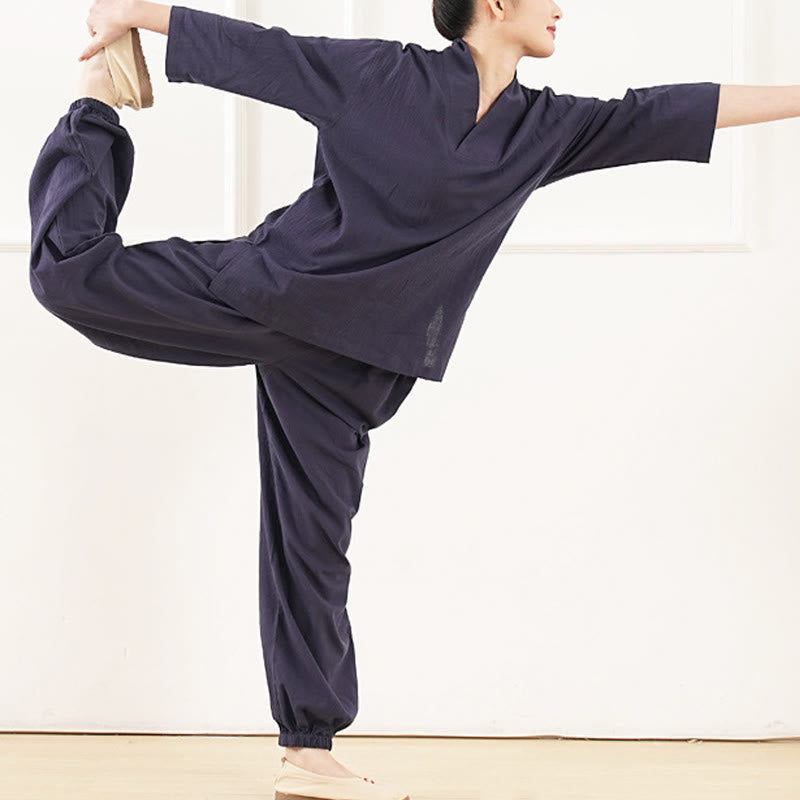 Buddha Stones 2 szt. dekolt w serek rękaw trzy czwarte koszula spodnie medytacja zen tai chi bawełna len odzież damska zestaw - image 13