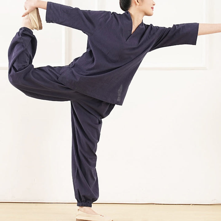 Buddha Stones 2 szt. dekolt w serek rękaw trzy czwarte koszula spodnie medytacja zen tai chi bawełna len odzież damska zestaw - image 13