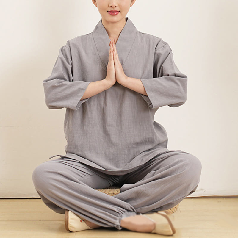 Buddha Stones 2 szt. dekolt w serek rękaw trzy czwarte koszula spodnie medytacja zen tai chi bawełna len odzież damska zestaw - image 6