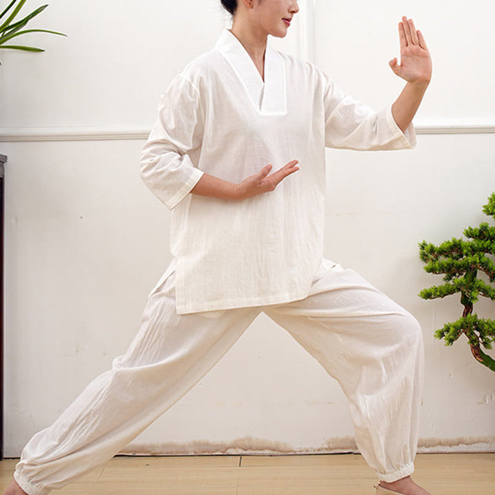 Buddha Stones 2 szt. dekolt w serek rękaw trzy czwarte koszula spodnie medytacja zen tai chi bawełna len odzież damska zestaw - image 21